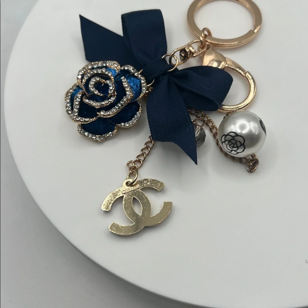 521. Blue and Gold Rose Keychain with Designer Charm - Picture 3 of 3